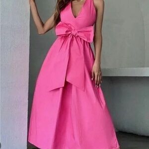Zara pink tied bow poplin cotton midi/maxi dress